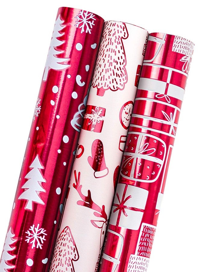 MAYPLUSS Wrapping Paper Roll - Mini Roll - 17 inch X 120 inch Per roll - 3 Different Red and White Christmas Design with Glitter Metallic Foil Shine (42.3 sq.ft.ttl) - Image 1